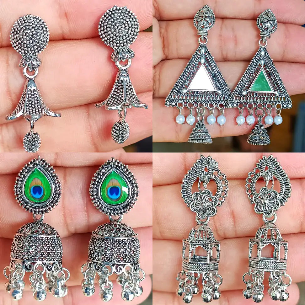 Premium Ethnic Oxidized Set of 6 Jhumkas Combo With Free 3 Rings Set