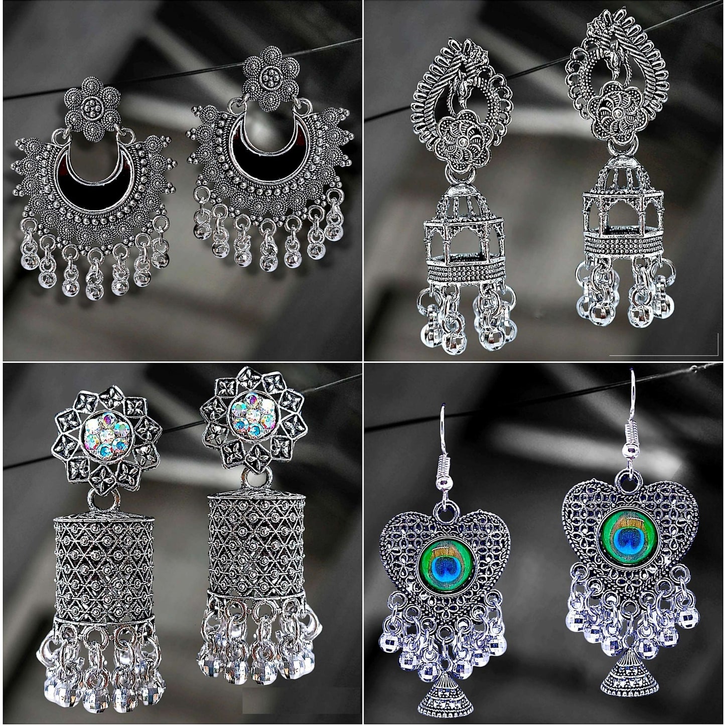 Premium Jaipuri Oxidized Set Of 12 Jhumkas Combo With Free Gift