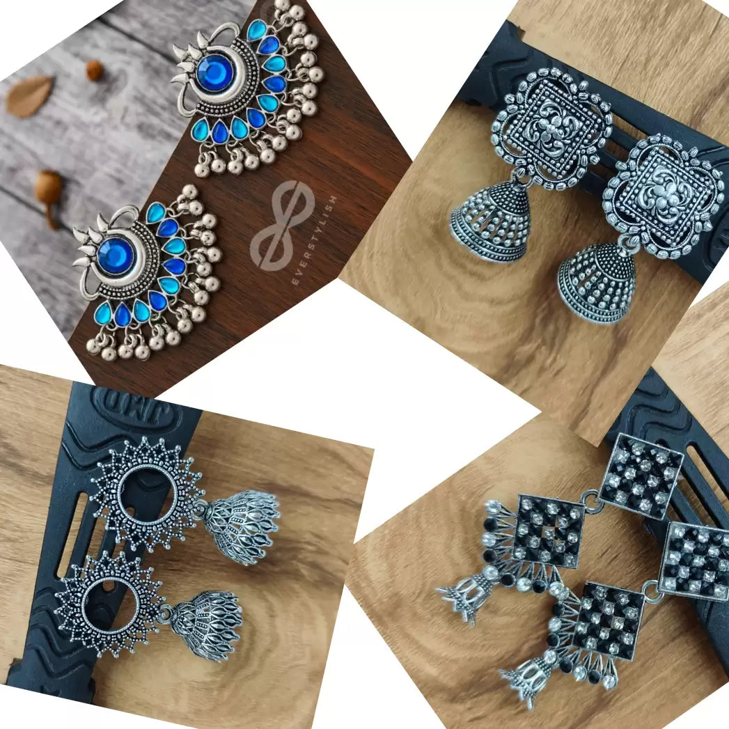Premium Jaipur Oxidised Set of 12 Jhumkas Combo With Free Gifts