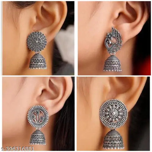 Premium Ethnic Oxidized Set of 6 Jhumkas Combo With Free 3 Rings Set