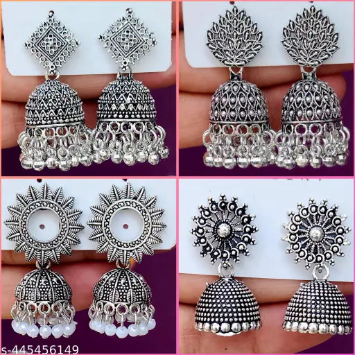 Premium Ethnic Oxidized Set of 6 Jhumkas Combo With Free 3 Rings Set