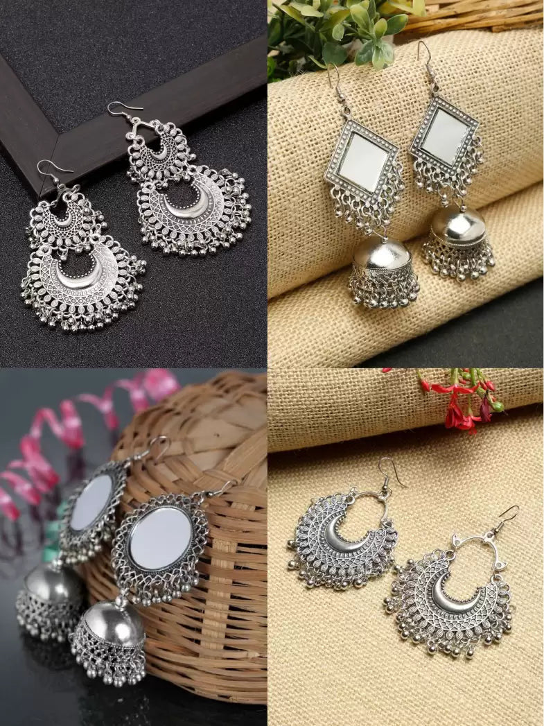 Premium Jaipuri Silver Oxidized Set Of 12 Earrings Combo With Free Adjustable Ring