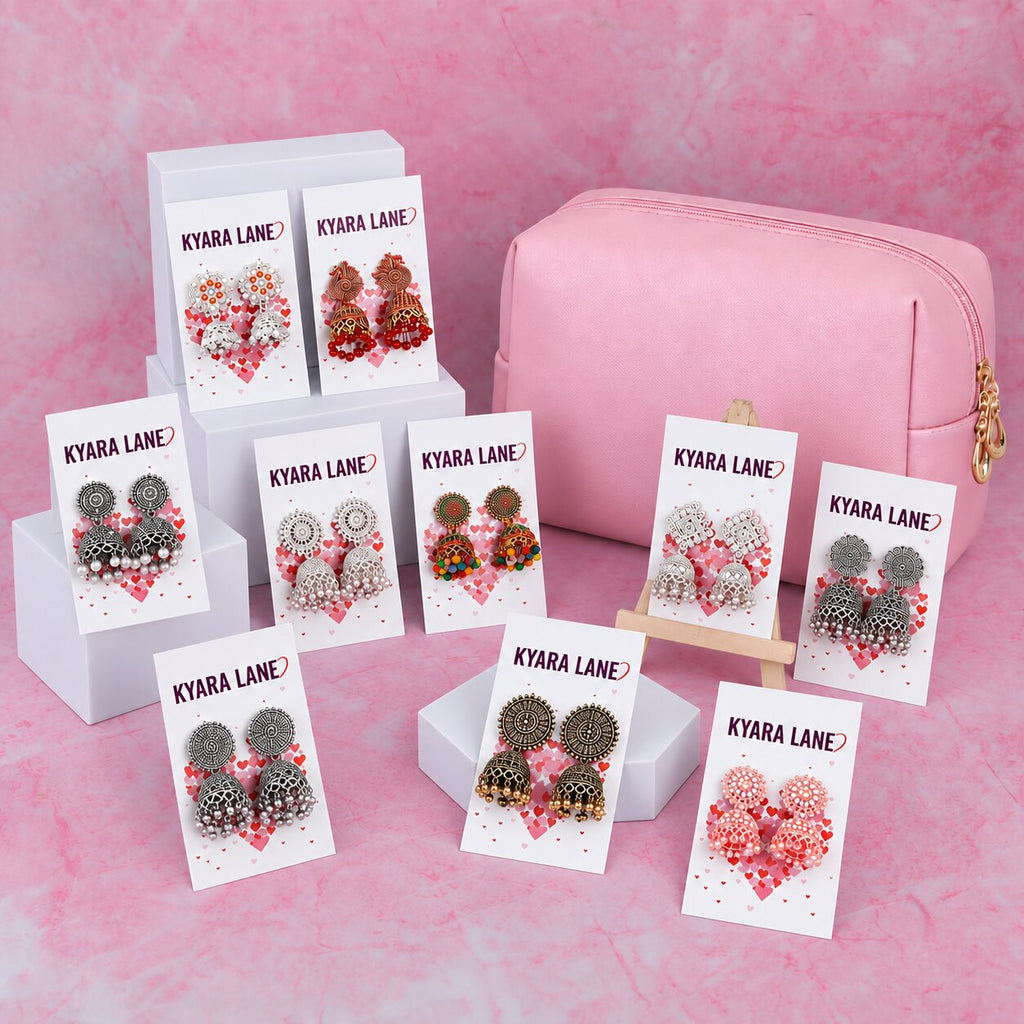 Premium 10 New Combo Oxidised New Jaipuri Jhumkas with Pink Bag and FREE RINGS COMBO