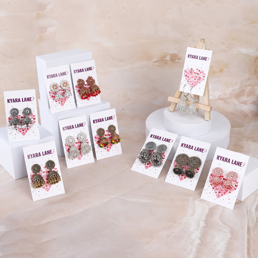 Premium 10 New Combo Oxidised New Jaipuri Jhumkas with Pink Bag and FREE RINGS COMBO