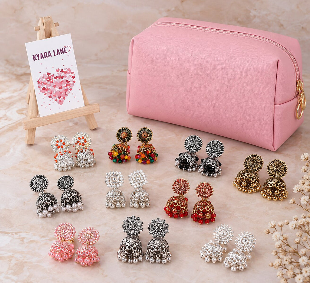 Premium 10 New Combo Oxidised New Jaipuri Jhumkas with Pink Bag and FREE RINGS COMBO