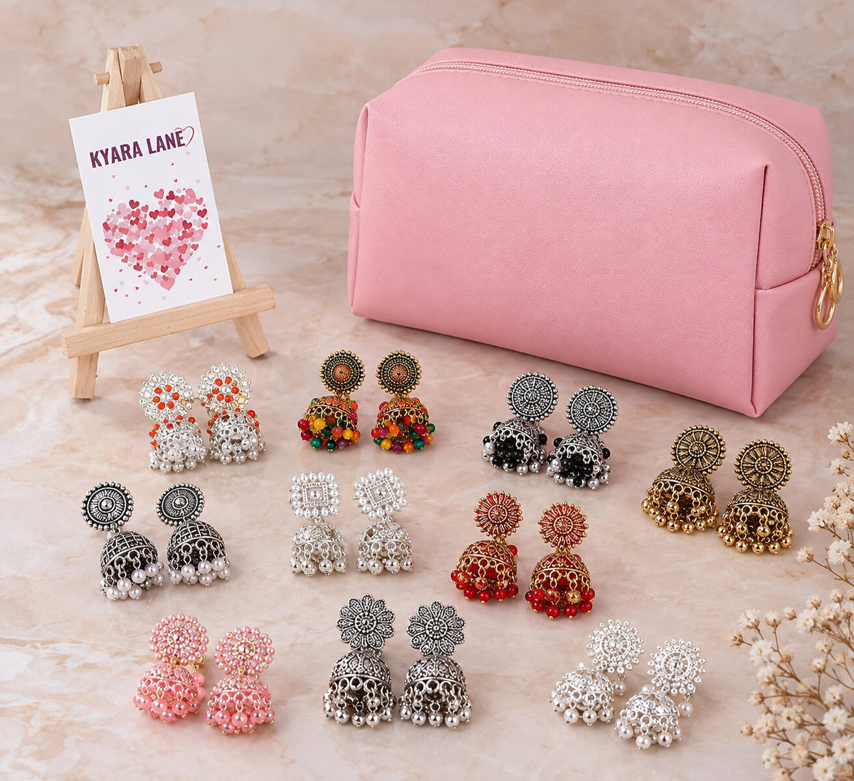 Premium 10 New Combo Oxidised New Jaipuri Jhumkas with Pink Bag and FREE RINGS COMBO