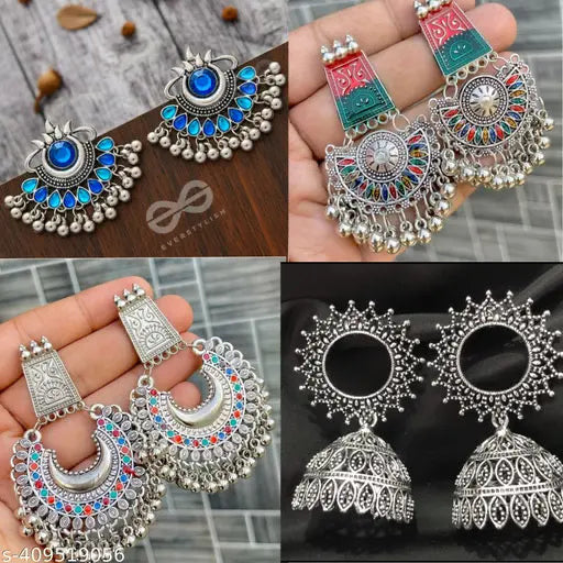 Stunning Modern Oxidised Set of 12 Jhumkas and Earrings Combo