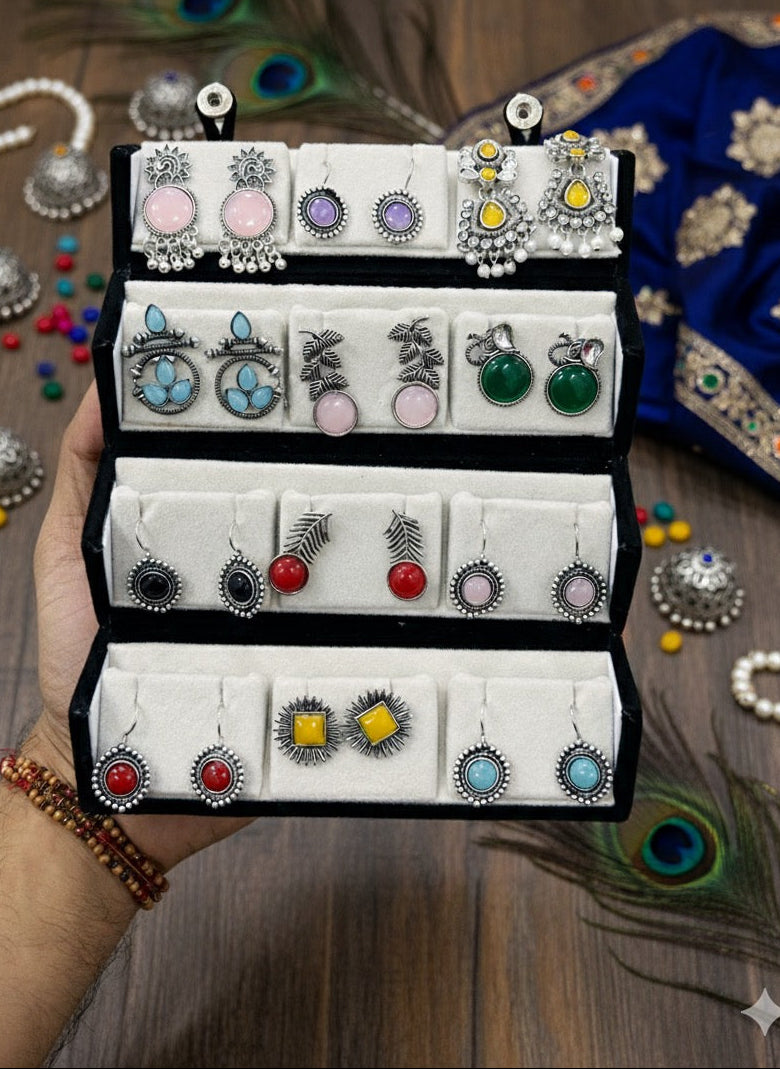 Premium Set Of 12 Oxidised Jhumkas Combo With Velvet Box and Free RINGS SET