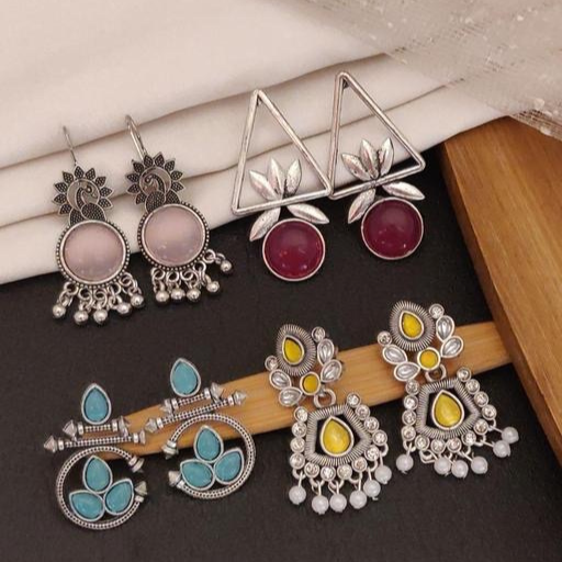 Premium Set Of 12 Oxidized Designer Earrings With Folding Jewelry Box and Free 3 Rings Set