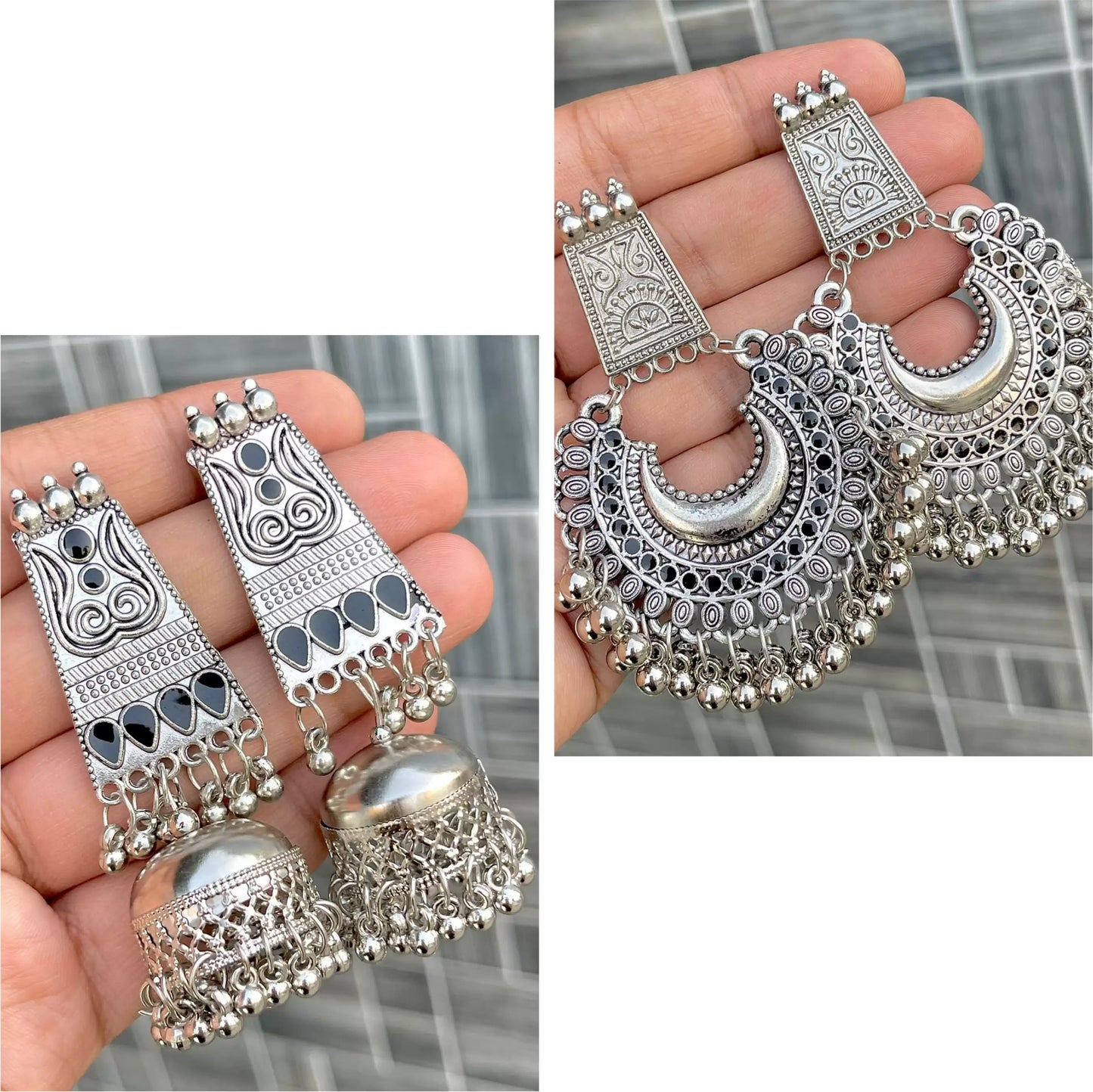 Stunning Modern Oxidised Set of 12 Jhumkas and Earrings Combo