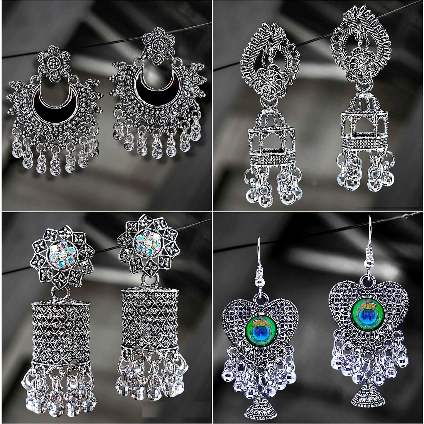 Stunning Modern Oxidised Set of 12 Jhumkas and Earrings Combo